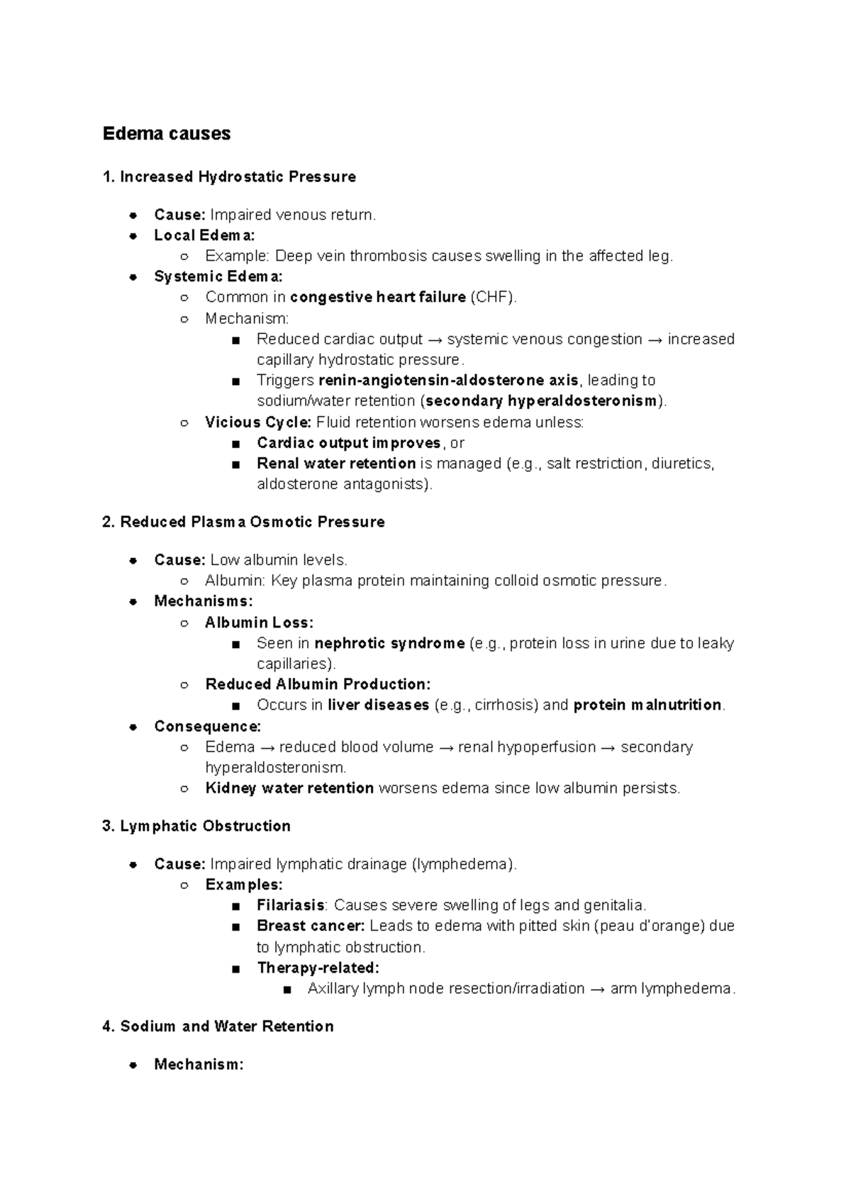 Chapter 4 mine - Edema causes Increased Hydrostatic Pressure Cause ...