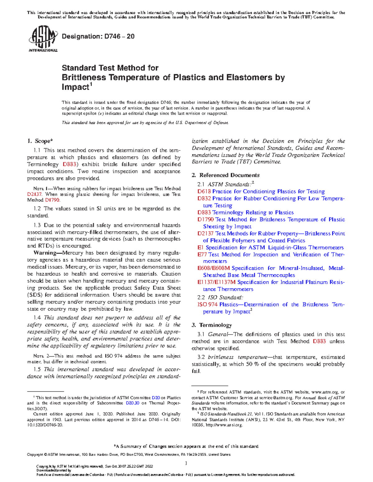 Standard Test Method for Brittleness Temperature of Plastics and