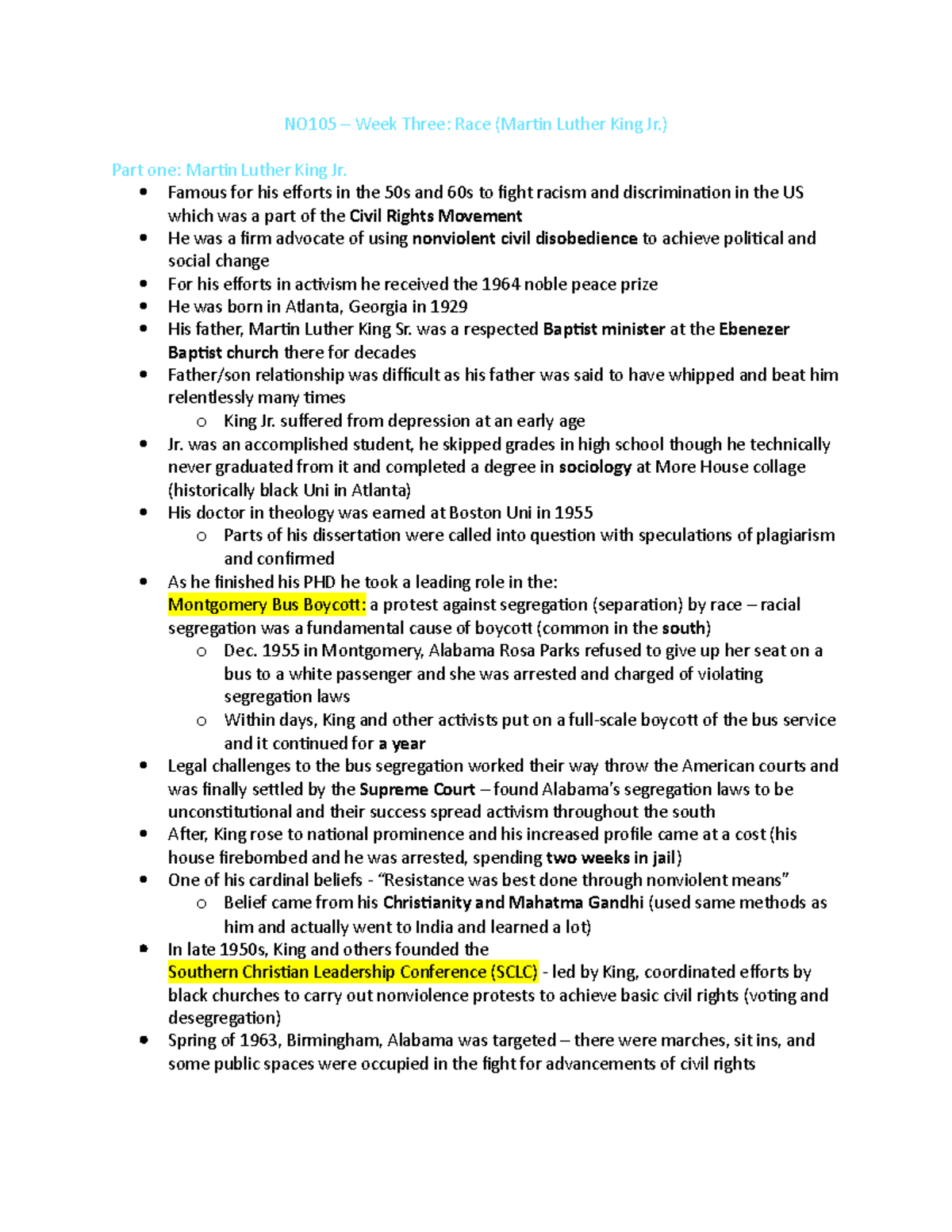 NO105 - Week Three - notes - NO105 – Week Three: Race (Martin Luther ...