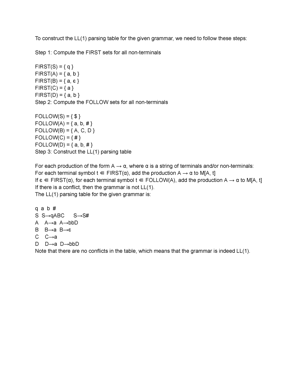 Compiler Design - To Construct The LL(1) Parsing Table For The Given ...