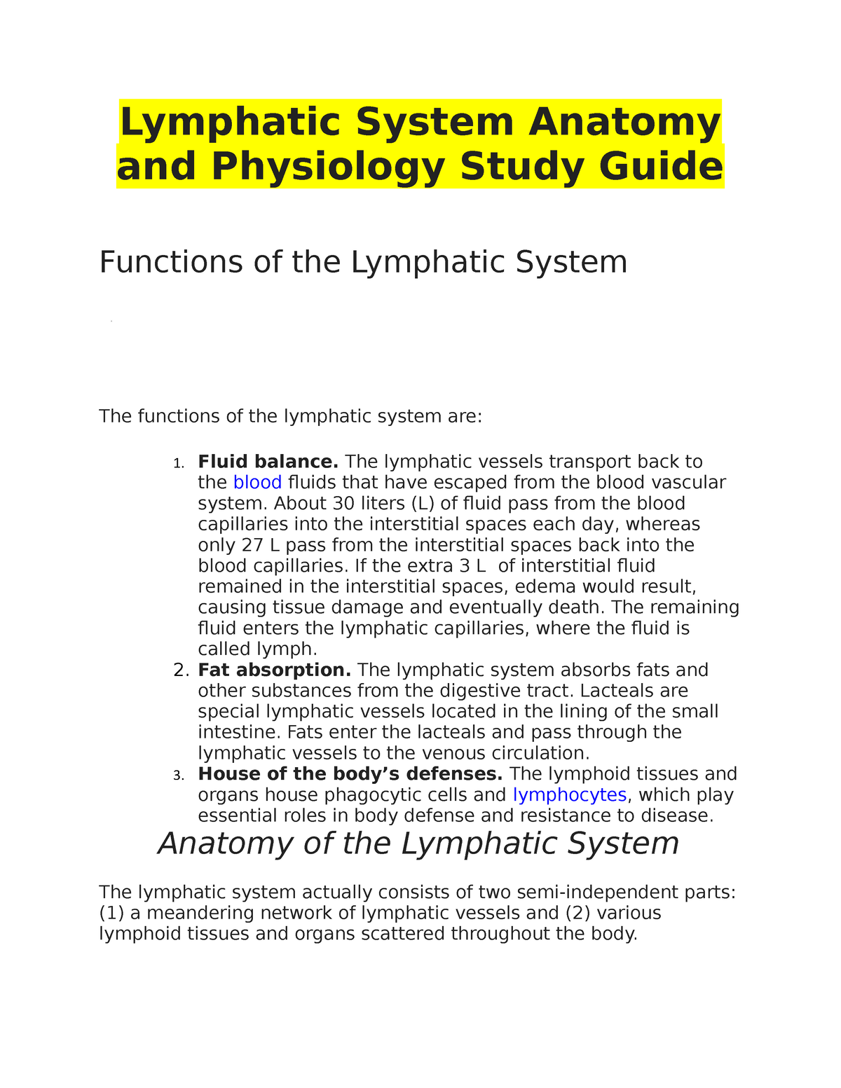 Lymphatic System Anatomy And Physiology Study Guide - Lymphatic System ...