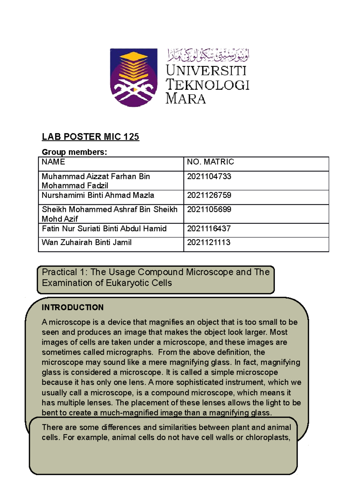 LAB Poster MIC 125-The Usage Compound Microscope and The Examination of ...