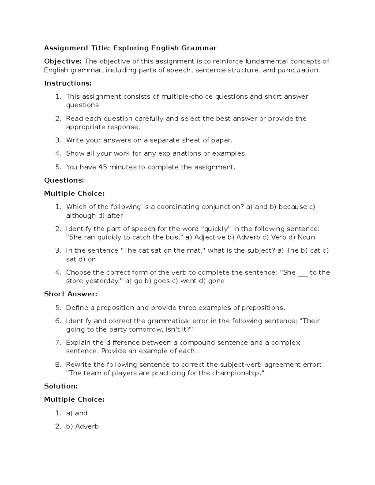 Grammar exam - Assignment Title: Exploring English Grammar Objective ...