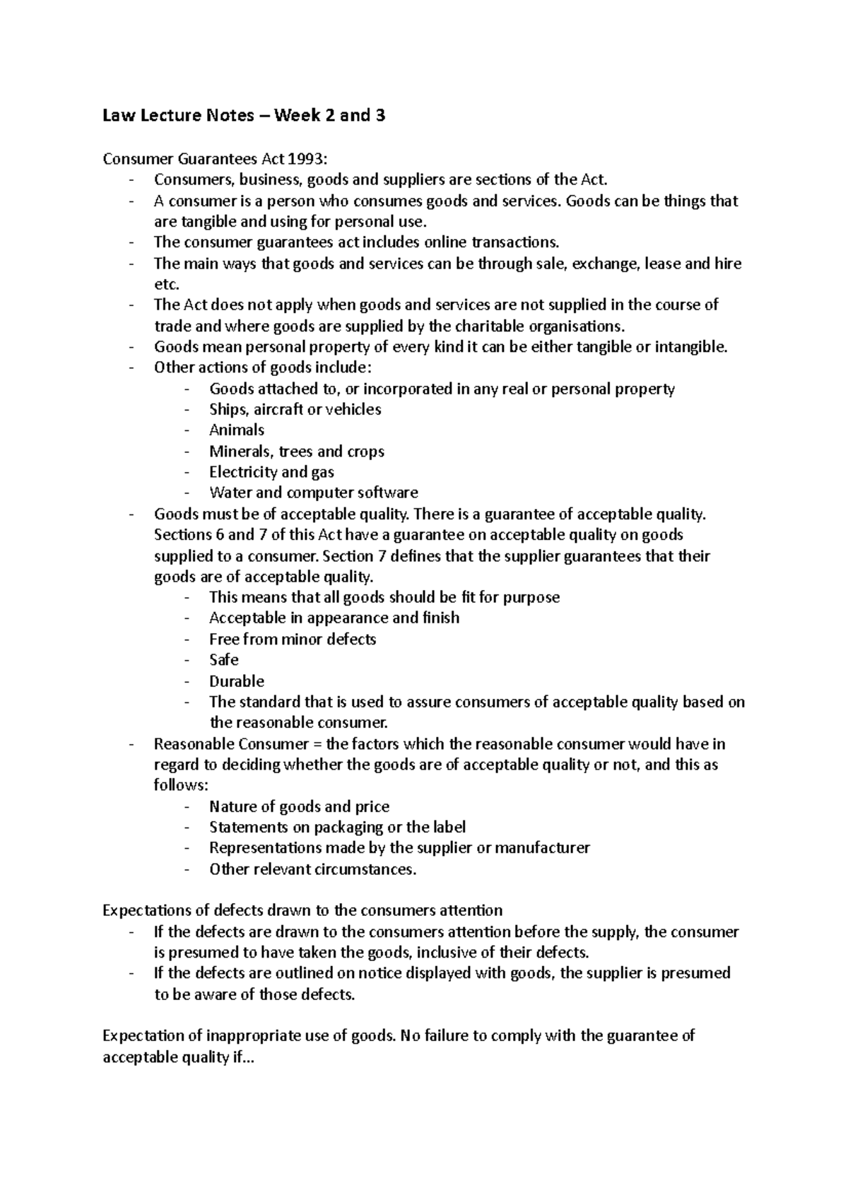 Law Lecture Notes - Thomas - Law Lecture Notes – Week 2 and 3 Consumer ...