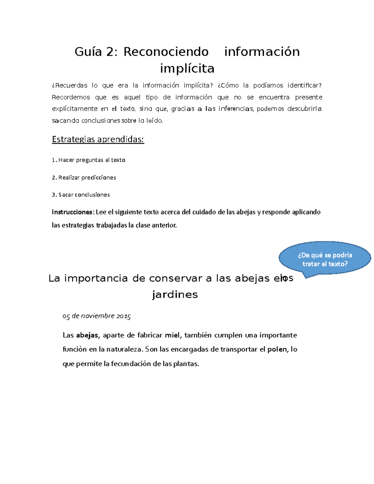 Guía 2 informacion implicita educacion media ¿De qué se podría tratar el texto? los Guía 2