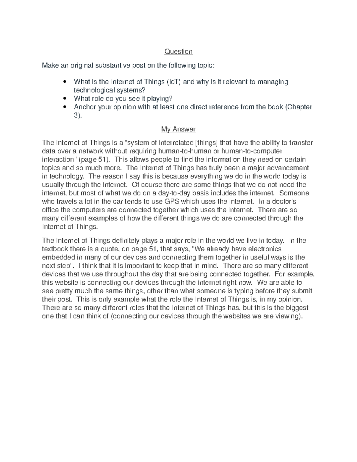 Role of Internet of Things Discussion - Question Make an original ...