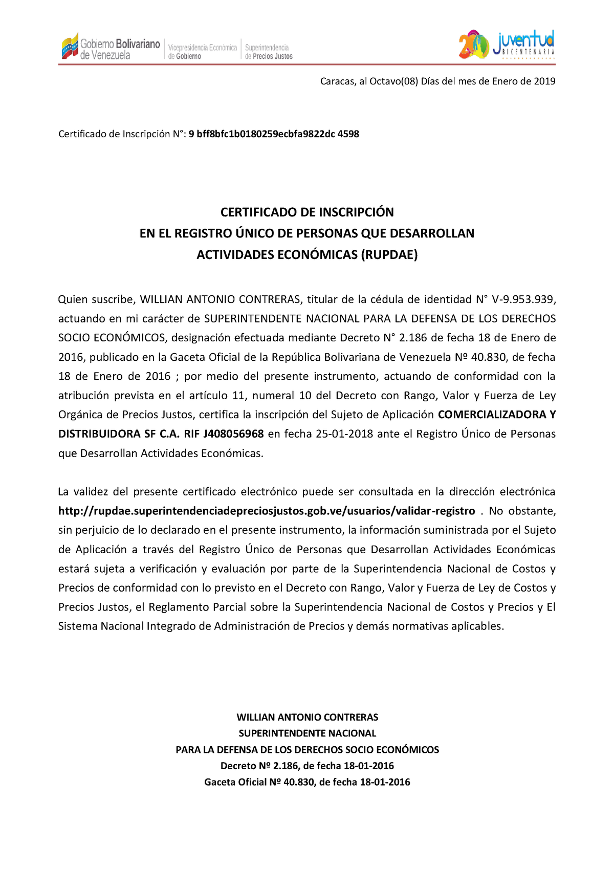 Certificado Rupdae Modelo Caracas Al Octavo08 DÌas Del Mes De Enero De 2019 Certificado 4432