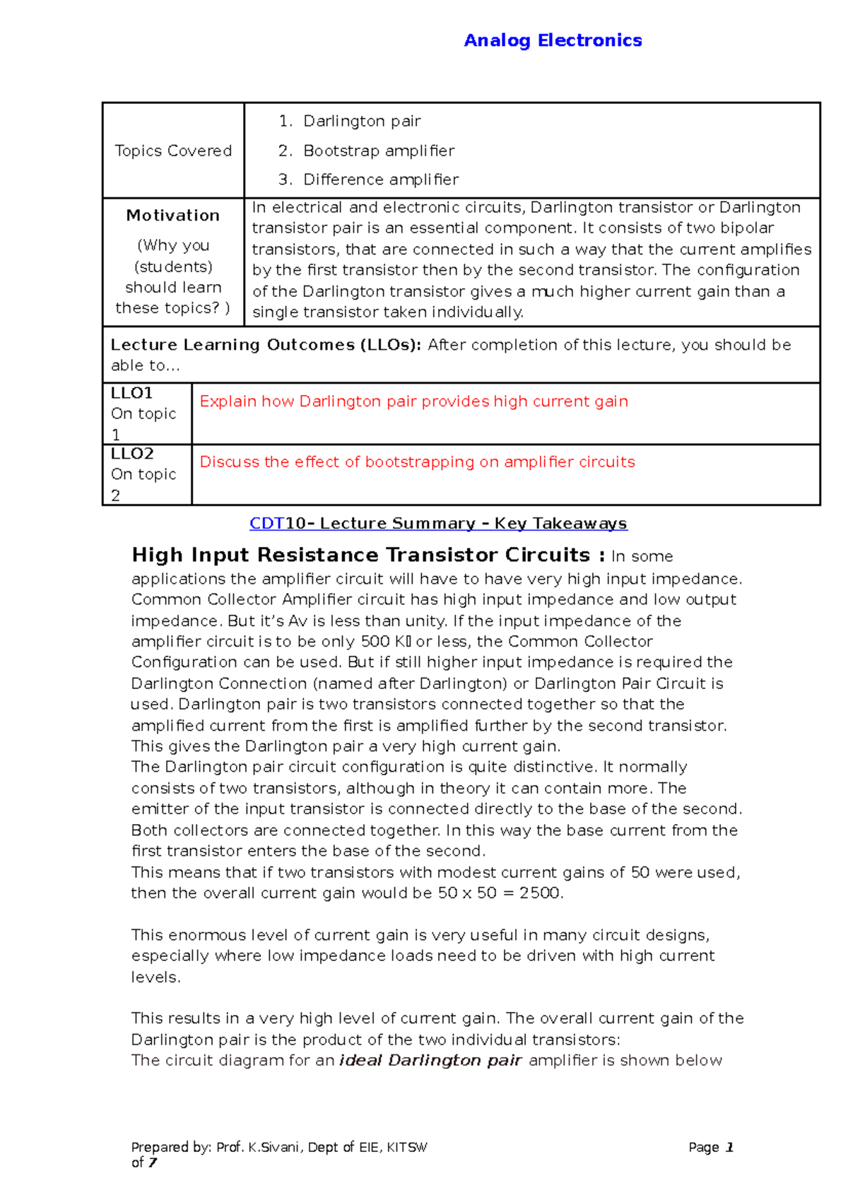 Darlington pair Topics Covered Darlington pair Bootstrap amplifier
