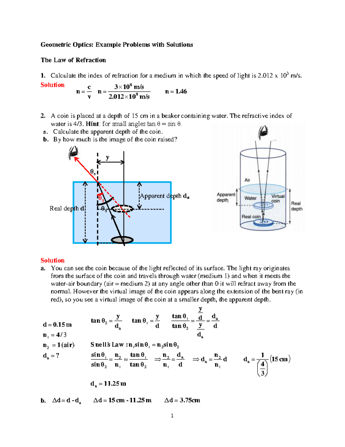 Geometric Optics Example Problems With Solutions - Calculate The Index ...