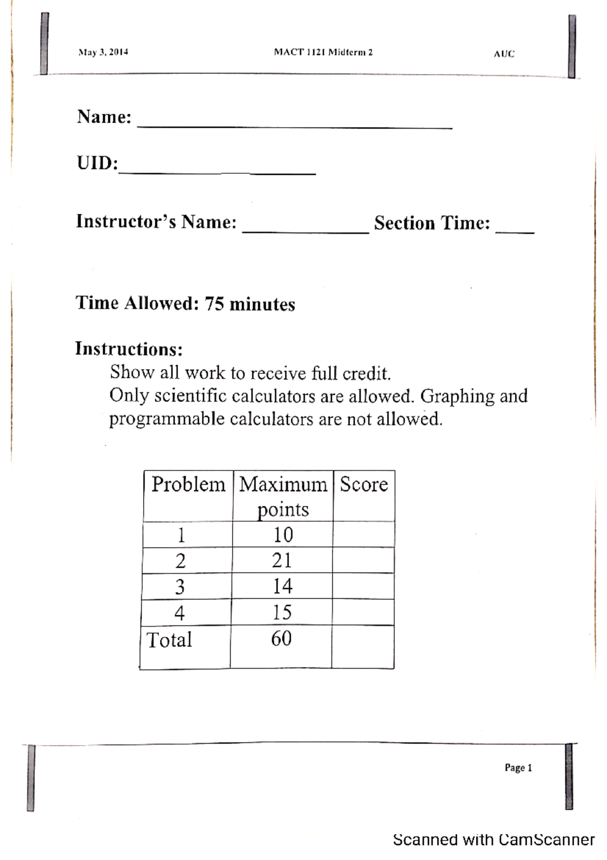 Solution of Exam 2 (Spring 2014 ) - Calculus I - Studocu