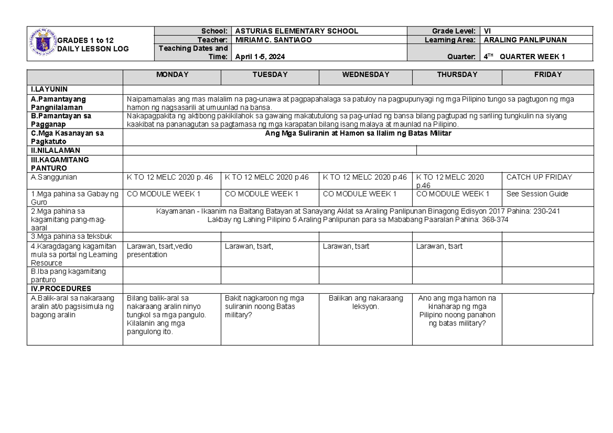 Dll Araling Panlipunan 6 Q4 W1 With Catch Up Fridays Grades 1 To 12 Daily Lesson Log School 2835