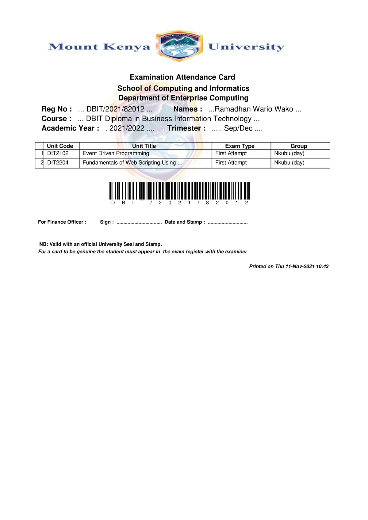 exam card dbit 2021 82012 nov2021 entrepreneurship mku studocu