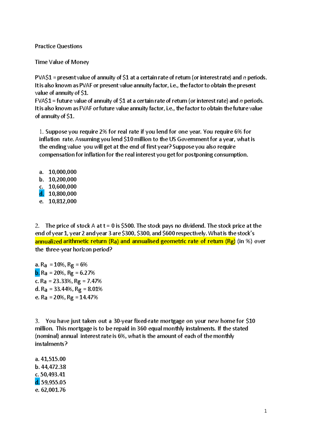 TWM Practice qns only 2024 oct - Practice Questions Time Value of Money ...