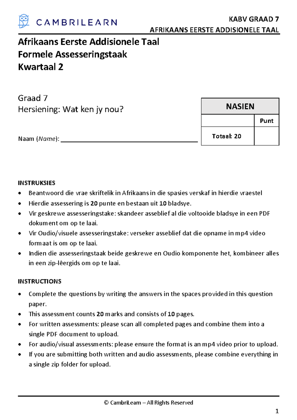 G7 K2 FAT 1 Hersiening Wat Ken Jy Nou - AFRIKAANS EERSTE ADDISIONELE ...