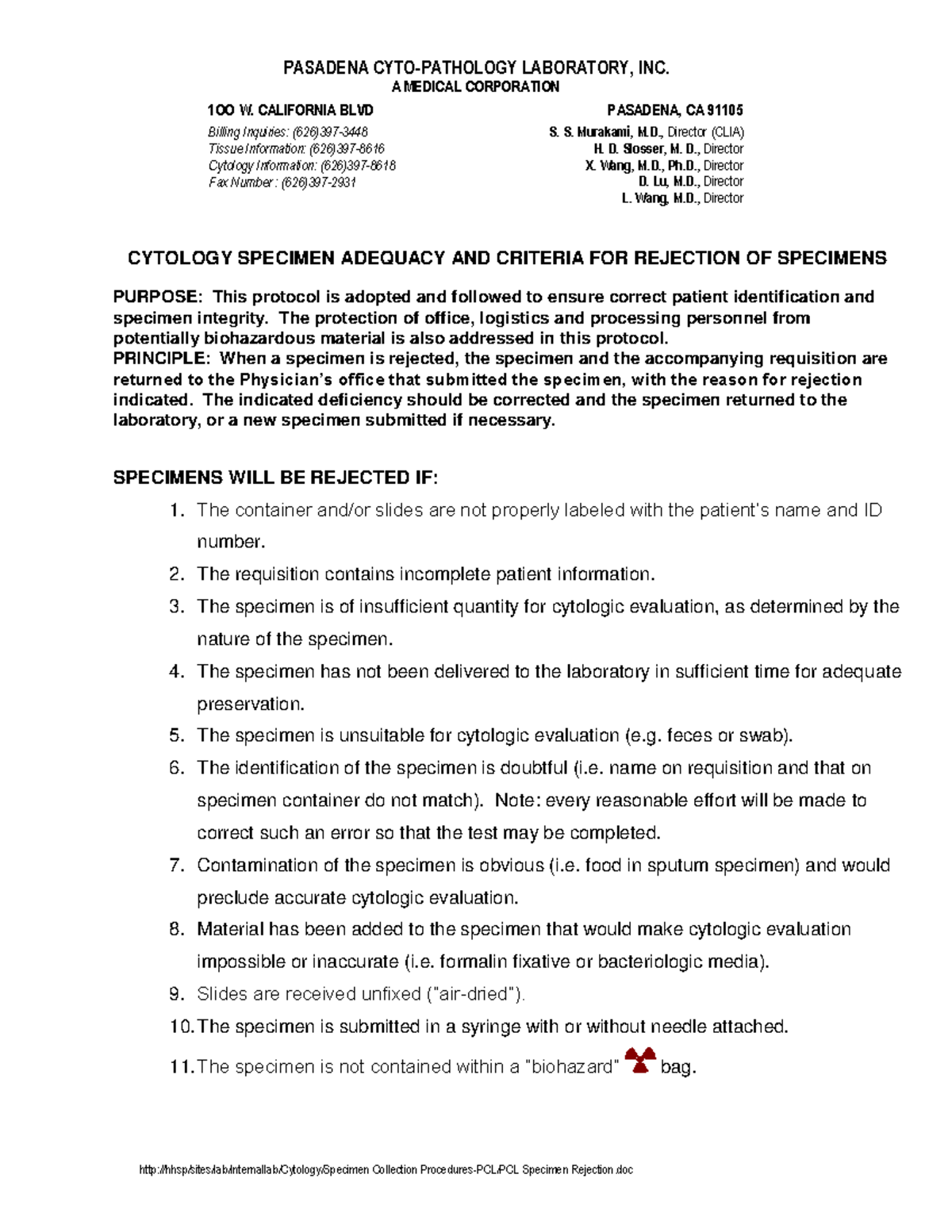 Cytology Criteria for Rejection of Specimens PASADENA CYTOPATHOLOGY