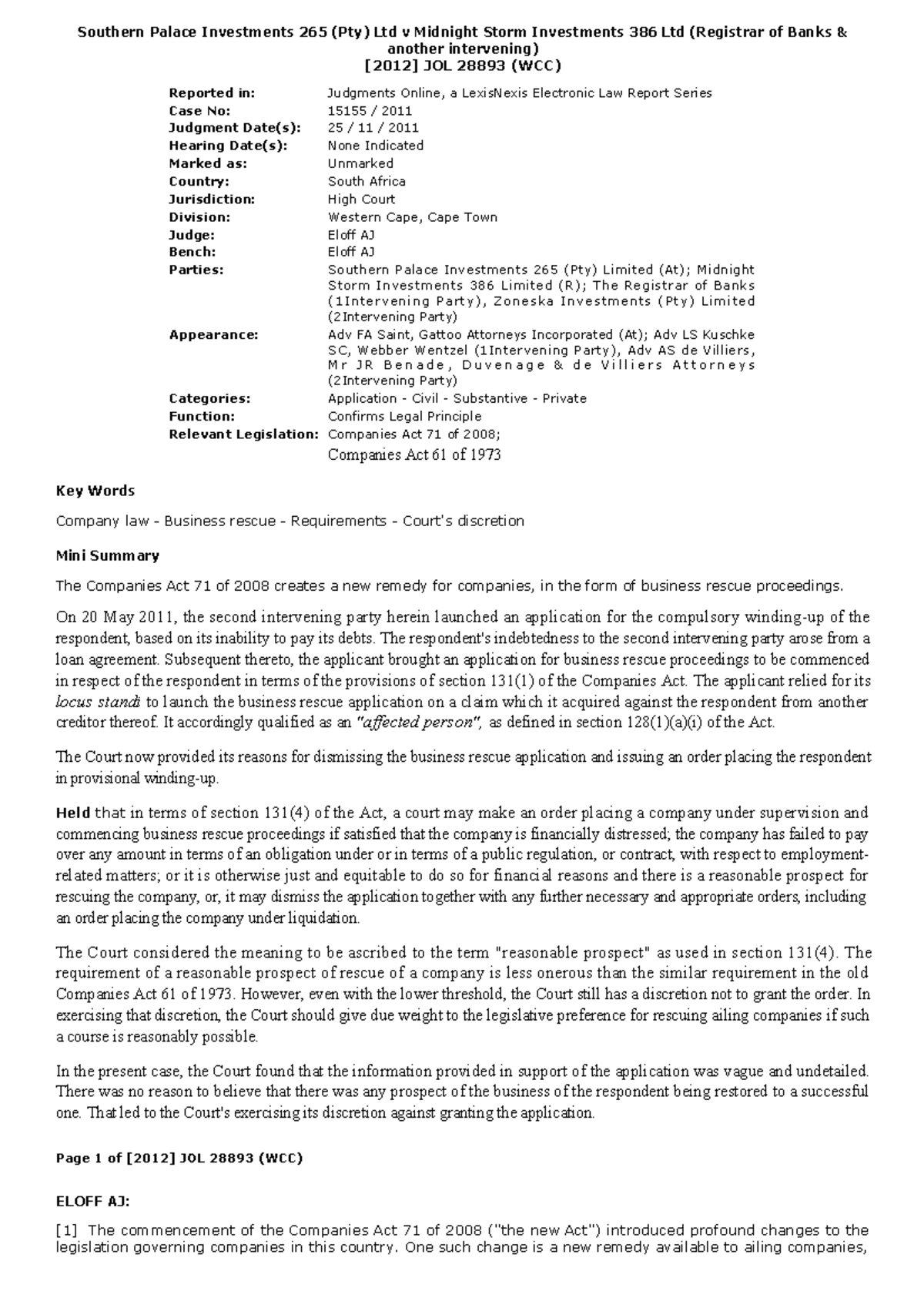 Southern Palace Investments 265 (Pty) Ltd v Midnight Storm Investments ...