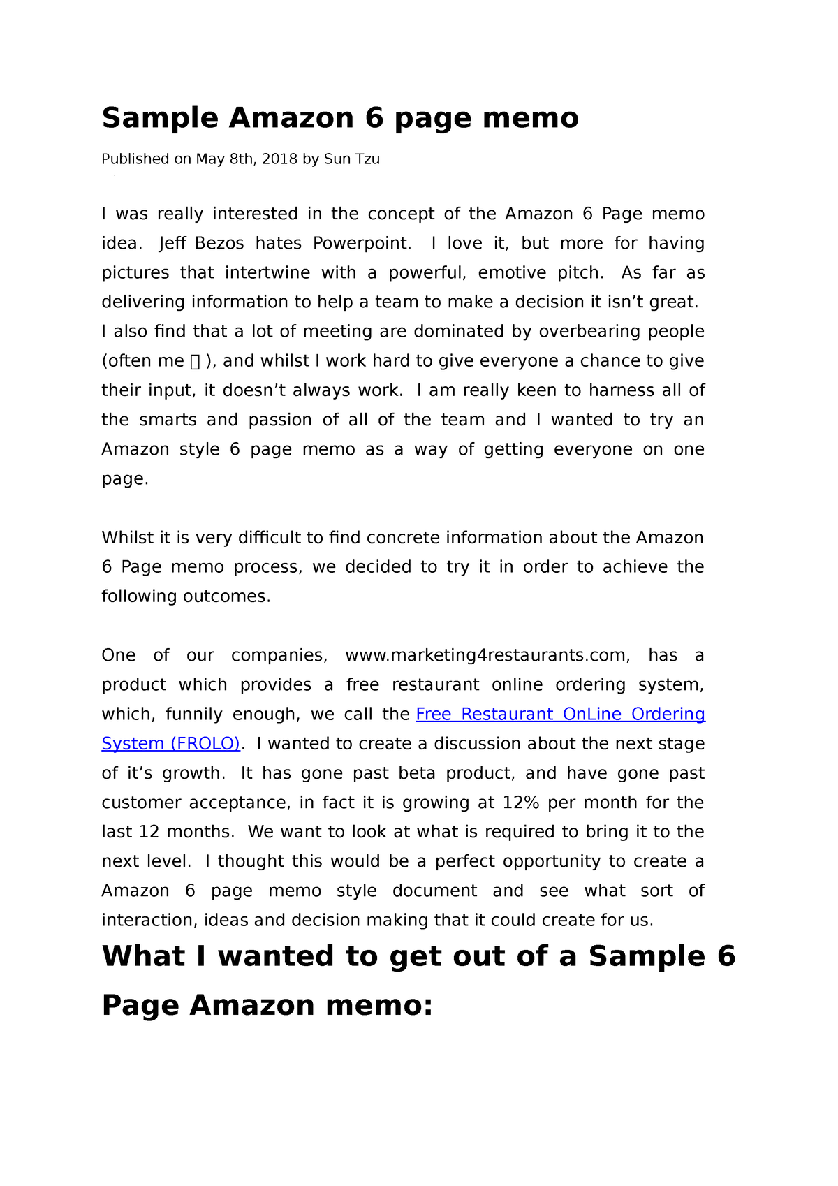 Sample Amazon 6 Page Memo Sample Amazon 6 Page Memo Published On May 8th 2018 By Sun Tzu I