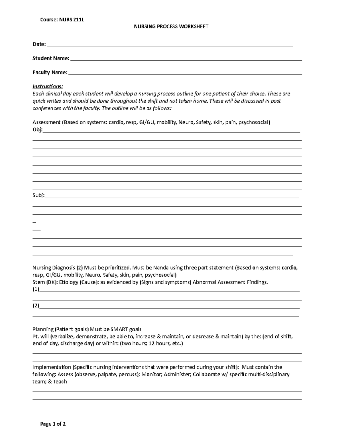 NURS 211L - Nursing Process Worksheet - Course: NURS 211L NURSING ...