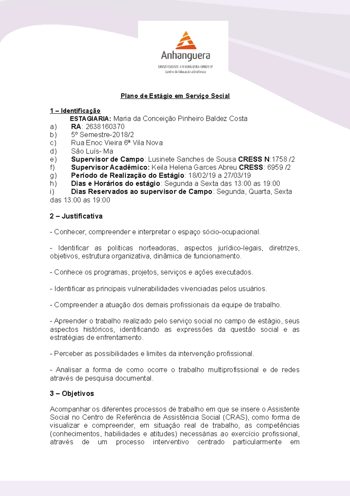 Plano DE Estágio Estagio - Plano de Estágio em Serviço Social 1 ...