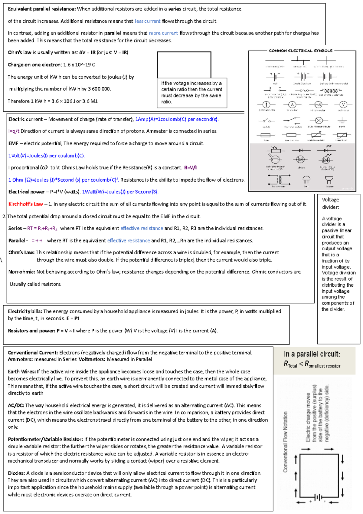 Chapter 4 Electricity Cheat sheet (2022) - Equivalent parallel ...