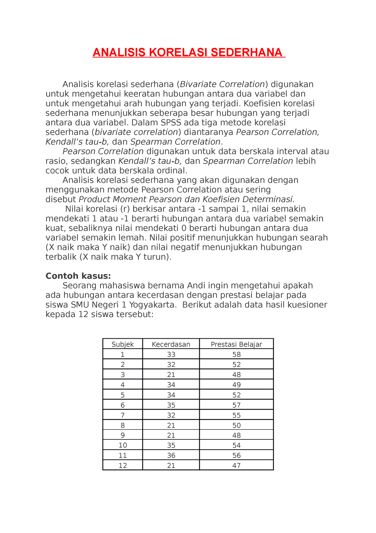 Analisis Korelasi Sederhana - ANALISIS KORELASI SEDERHANA Analisis ...