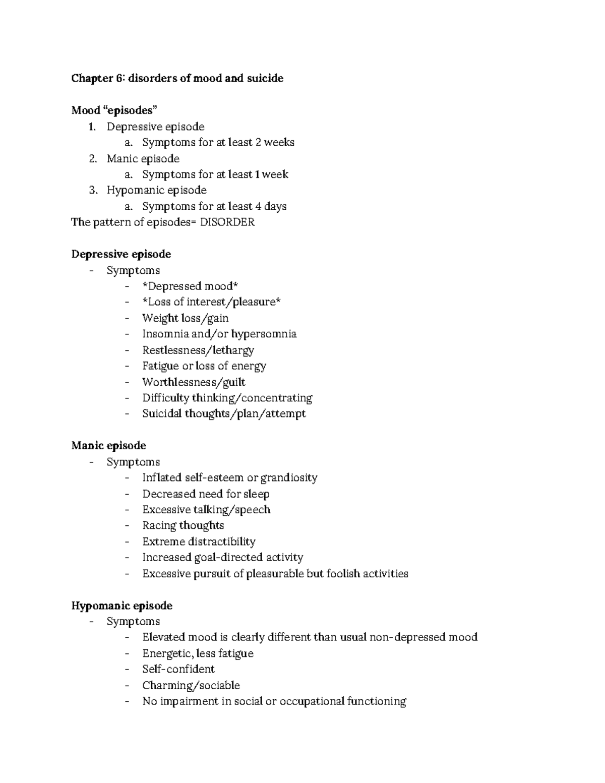 Chapter 6-7: Disorders of Mood and Suicide - Chapter 6: disorders of ...