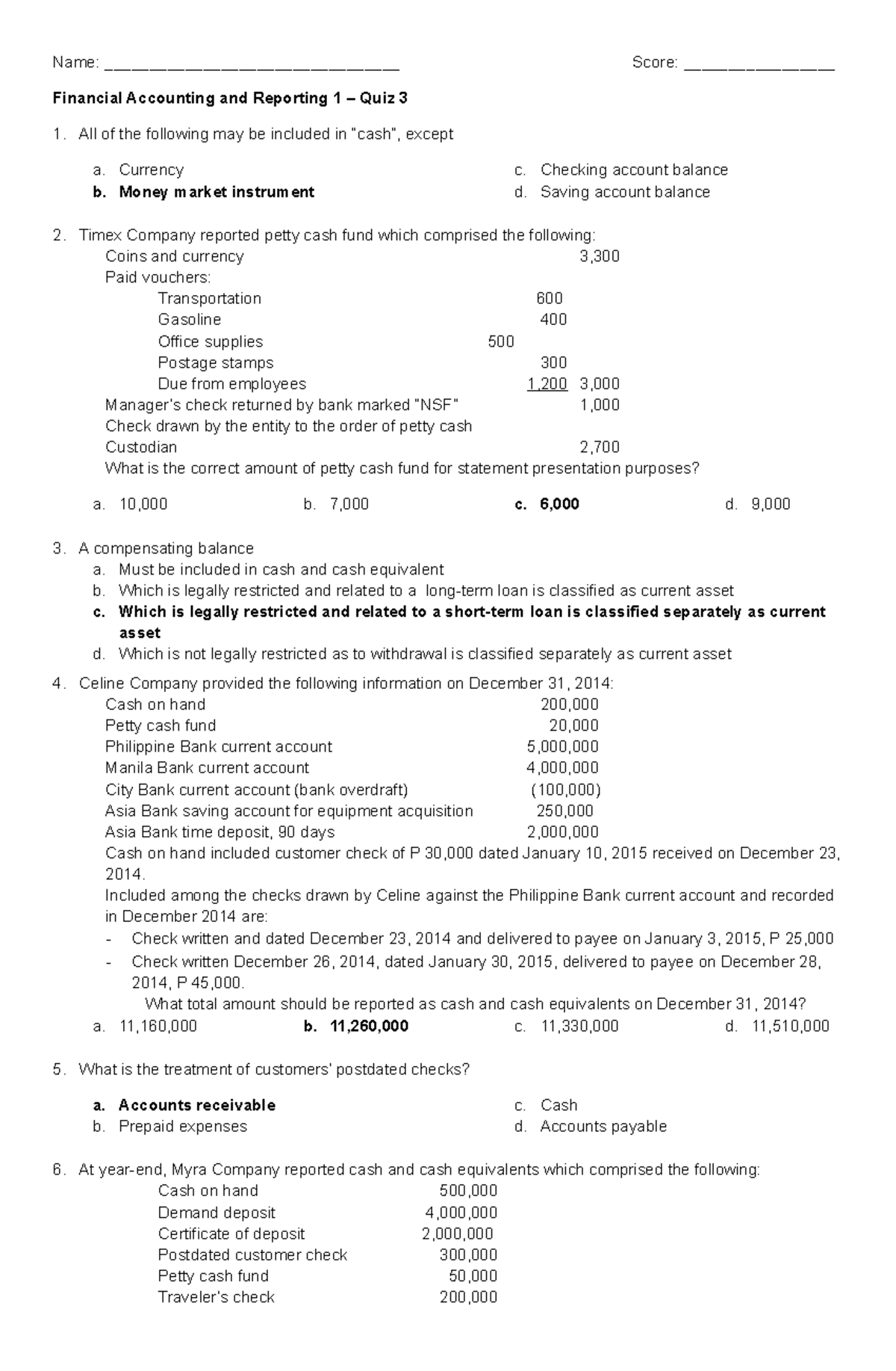 QUIZ 3 CASH - BANK Recon - past exam - Name ...