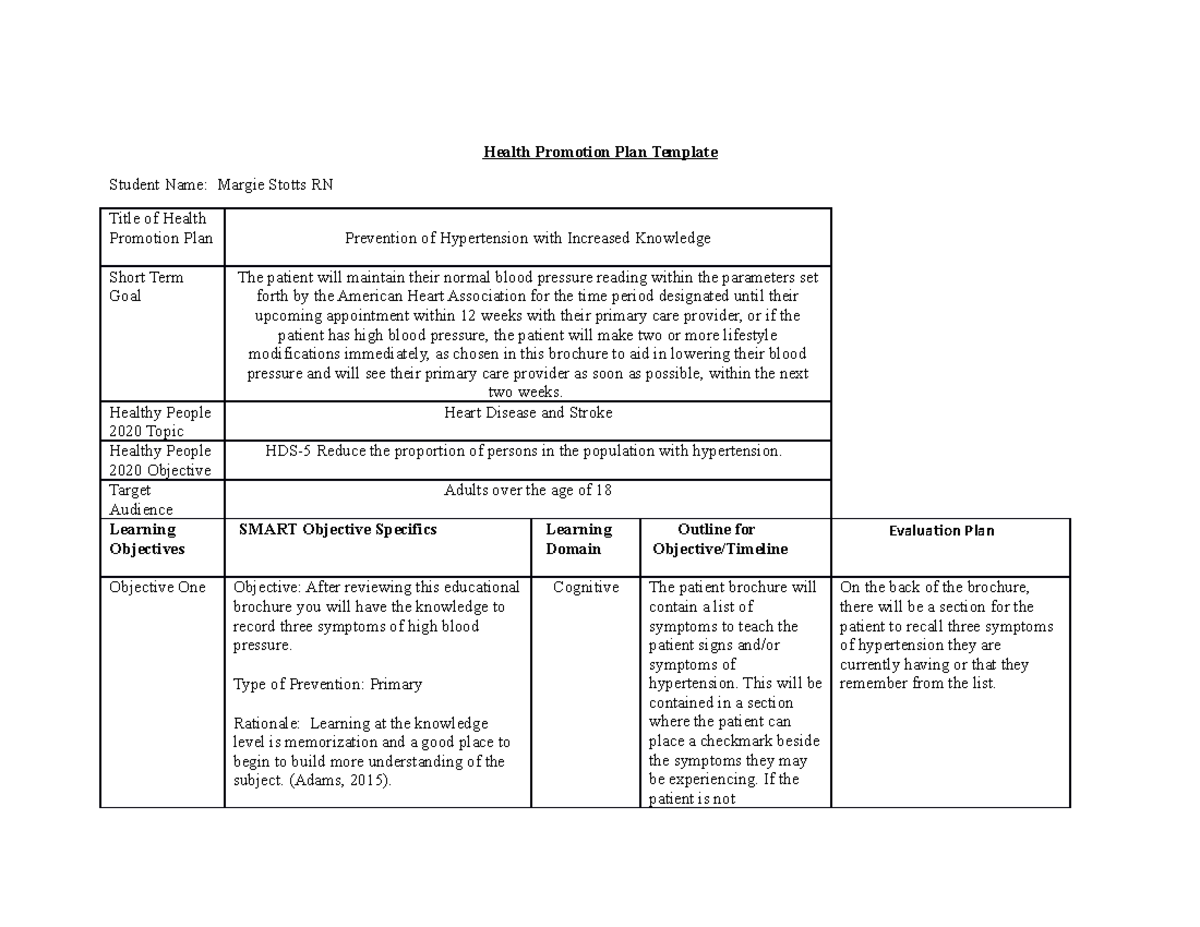 Unit 4 Health Promotion Plan Preventing High Blood Pressure Health 