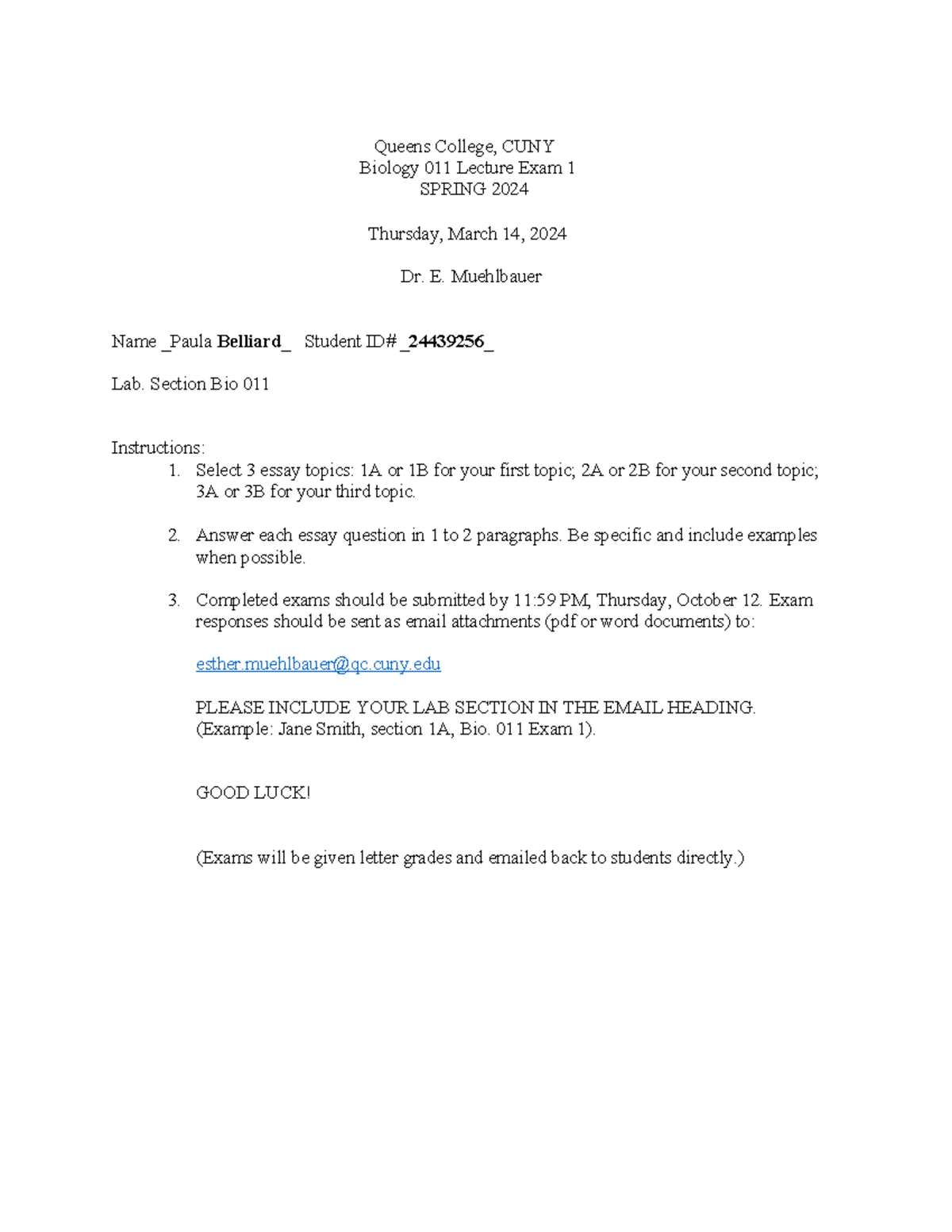 Bio 011 Lecture Midterm Spring 2024 1 Queens College Cuny Biology