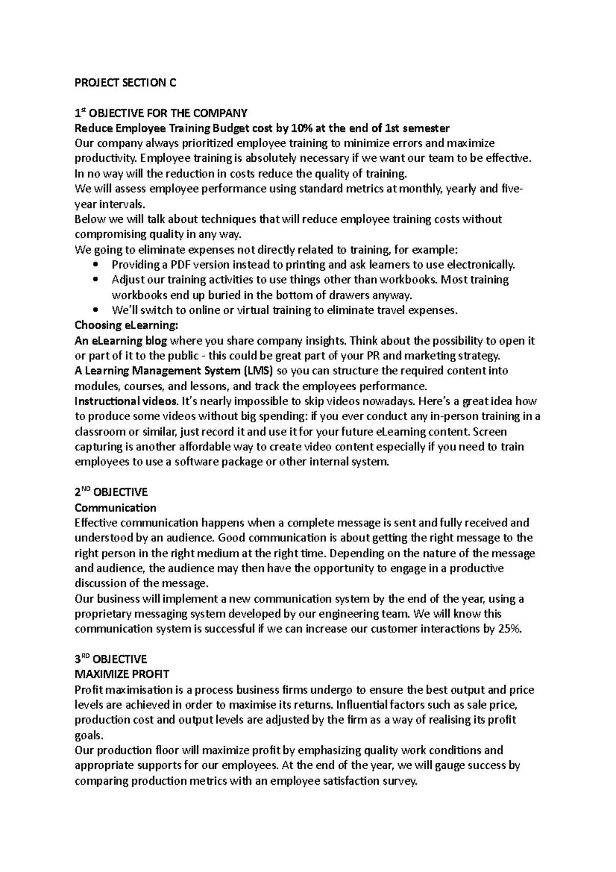 Project Section C of prev PROJECT SECTION C 1 st OBJECTIVE FOR THE