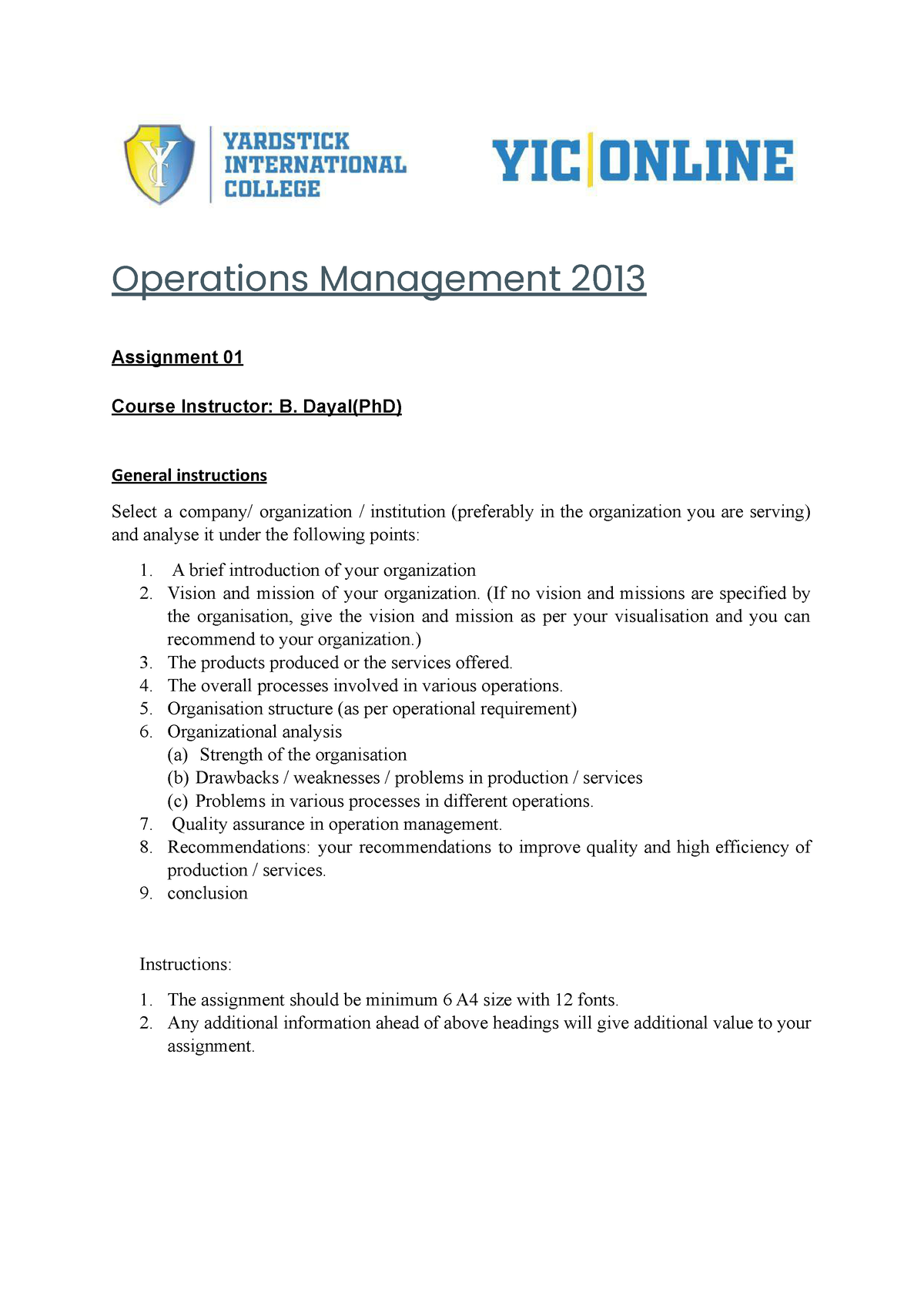 management and operations assignment