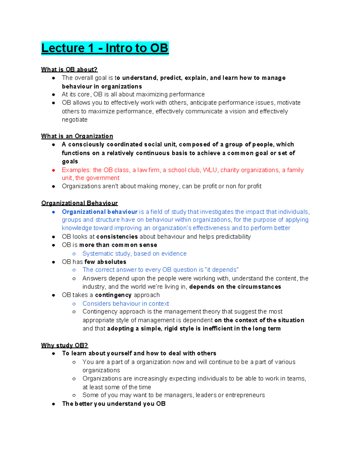 Midterm Notes - Lecture 1 - Intro to OB What is OB about? The overall ...