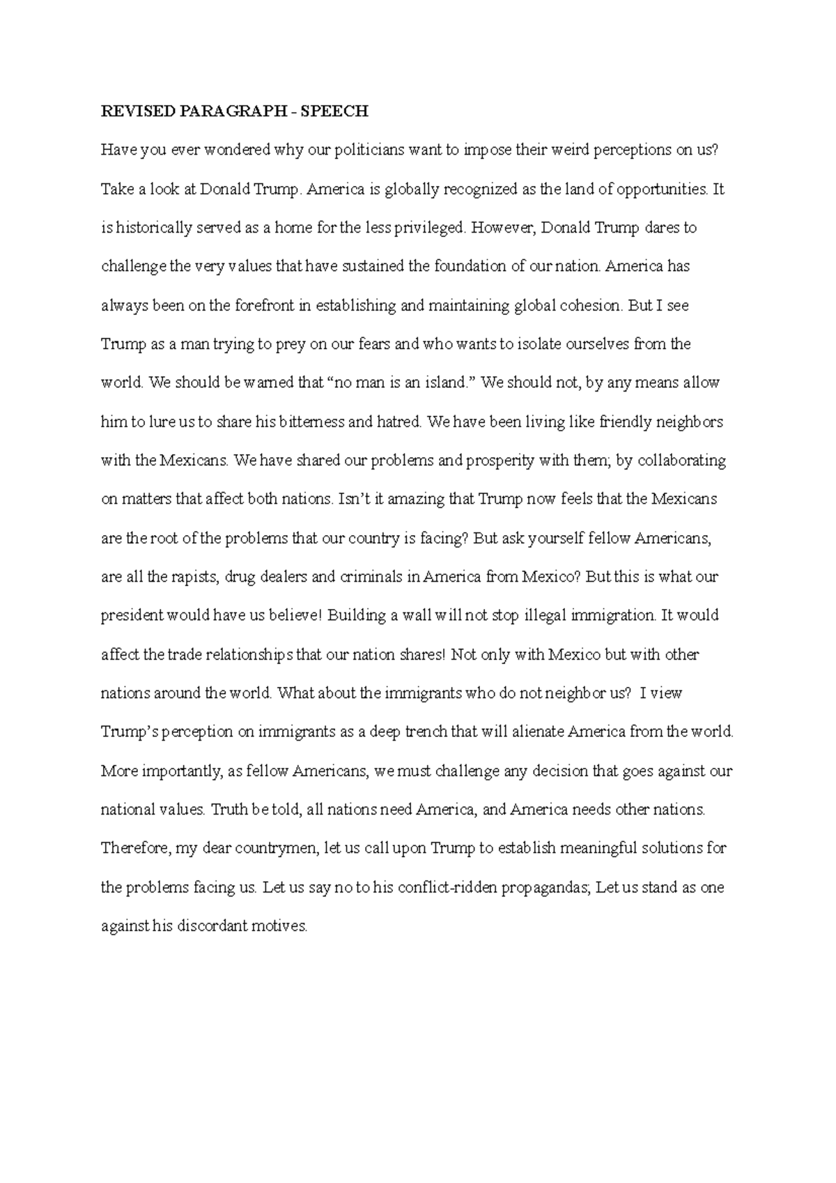 Revised Paragraph - Lecture notes 10 - REVISED PARAGRAPH - SPEECH Have ...
