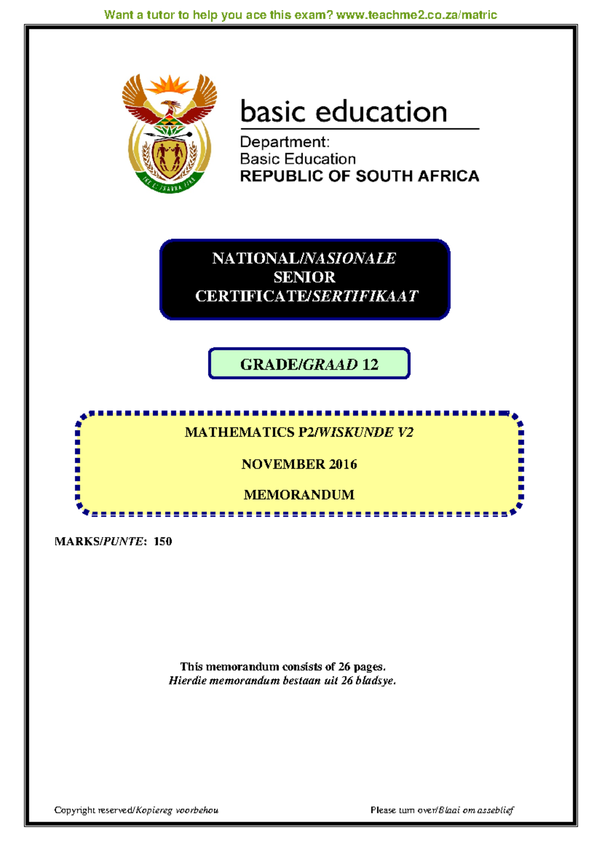 Mathematics P2 Nov 2016 Memo Afr & Eng - MARKS/PUNTE: 150 This ...