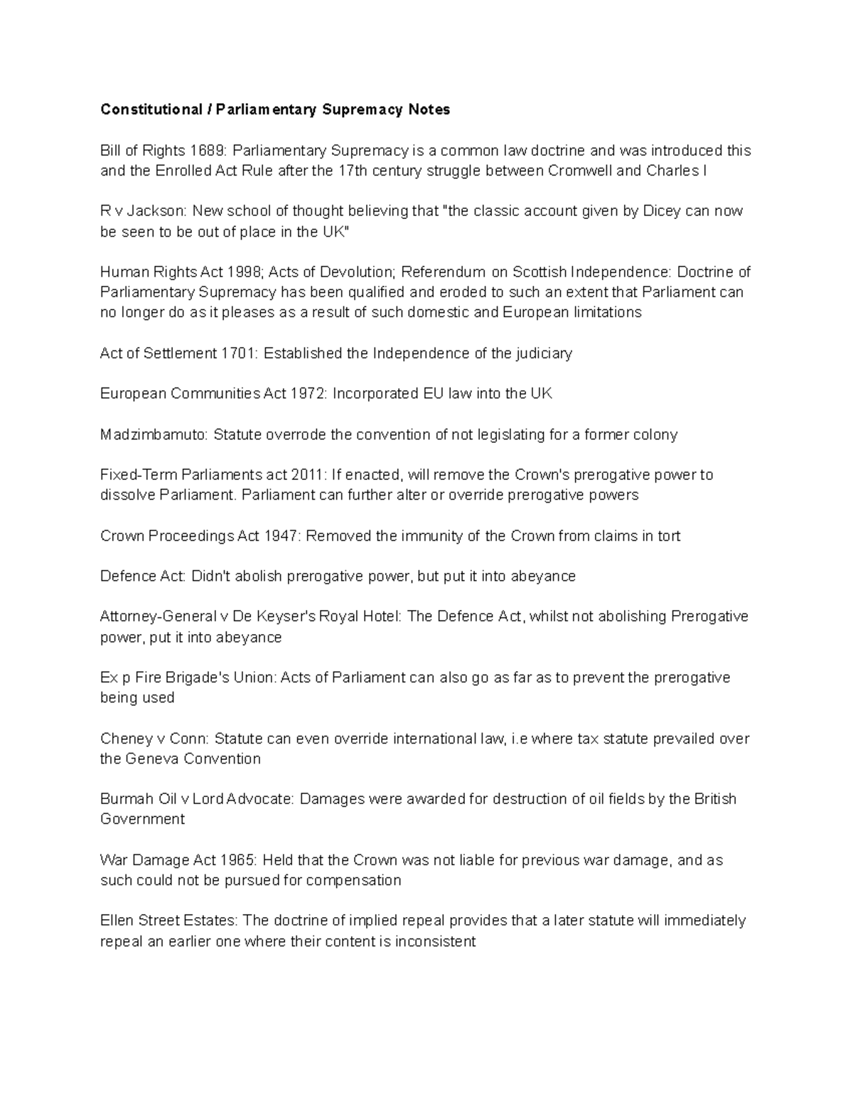Constitutional Parliamentary Supremacy Notes - Parliament can further ...