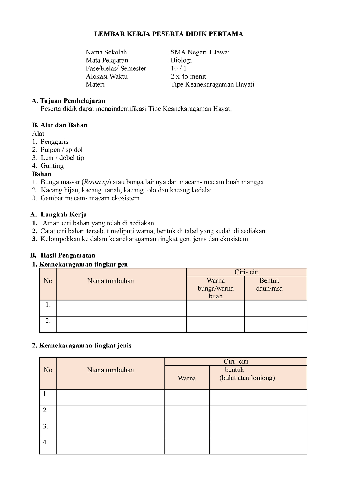 Lkpd Pertemuan 1 Keanekaragaman Hayati Lembar Kerja Peserta Didik Pertama Nama Sekolah Sma 0003