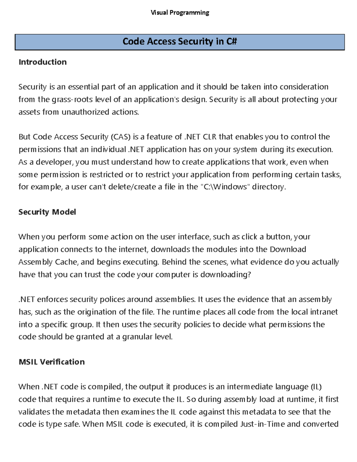 Code Access Security c Security is all about protecting your assets