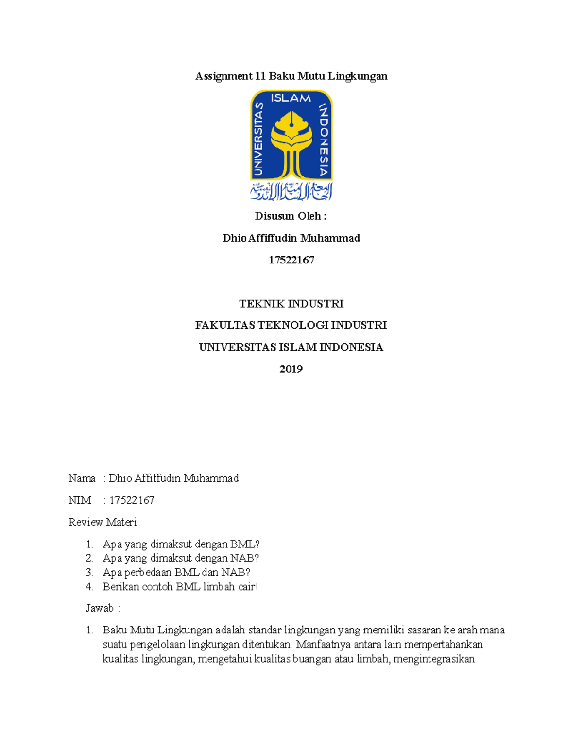 Assignment 11 Dhio Affiffudin Muhammad 17522167 Pengling - Assignment ...