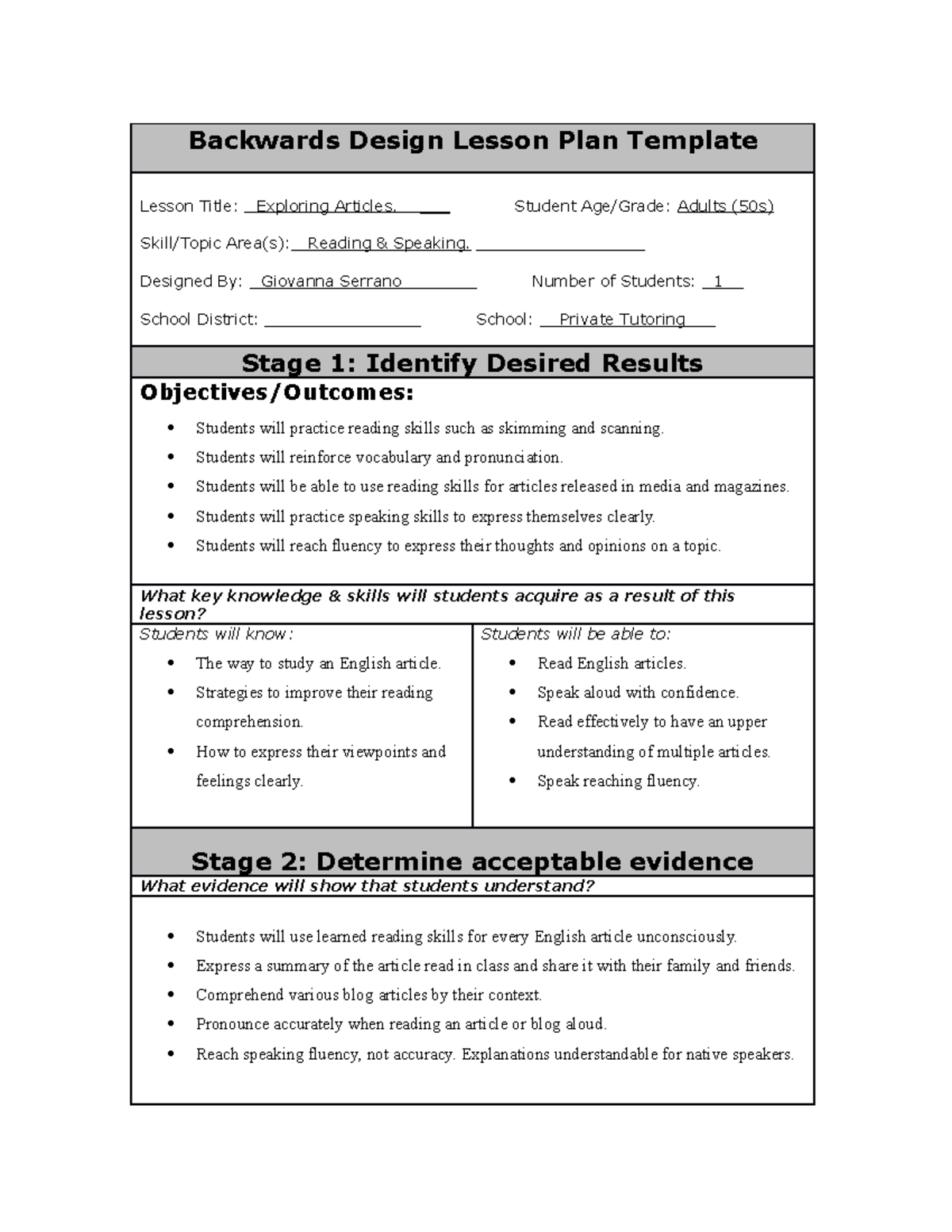 Reading-Speaking Mini-Lesson - Backwards Design Lesson Plan Template ...