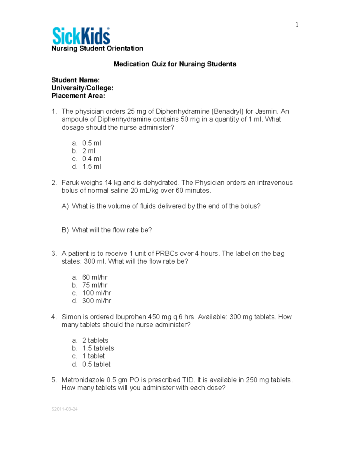 Drug Calculation Nursing Student Orientation Medication Quiz for