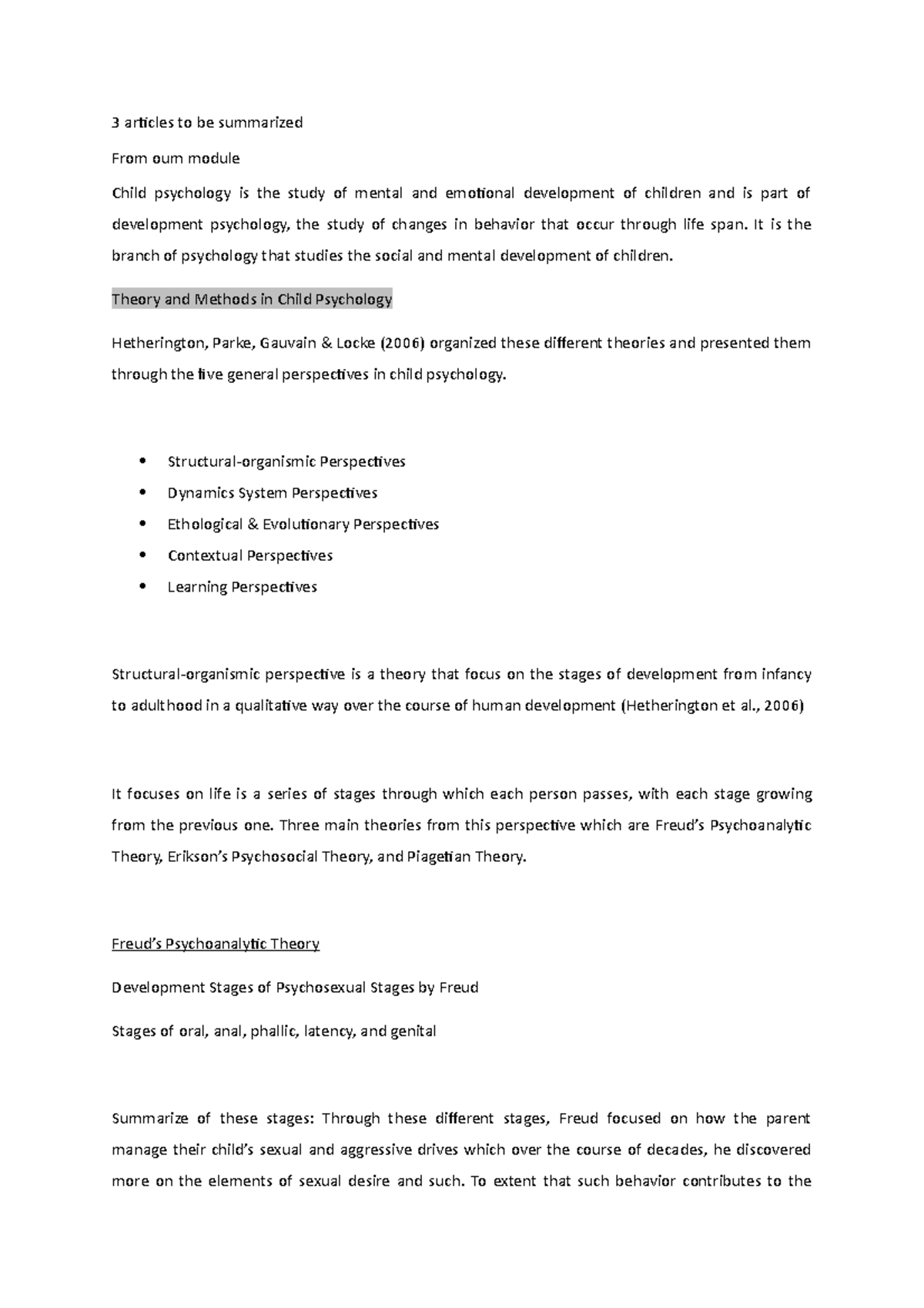 Child Psychology Report - 3 articles to be summarized From oum module ...