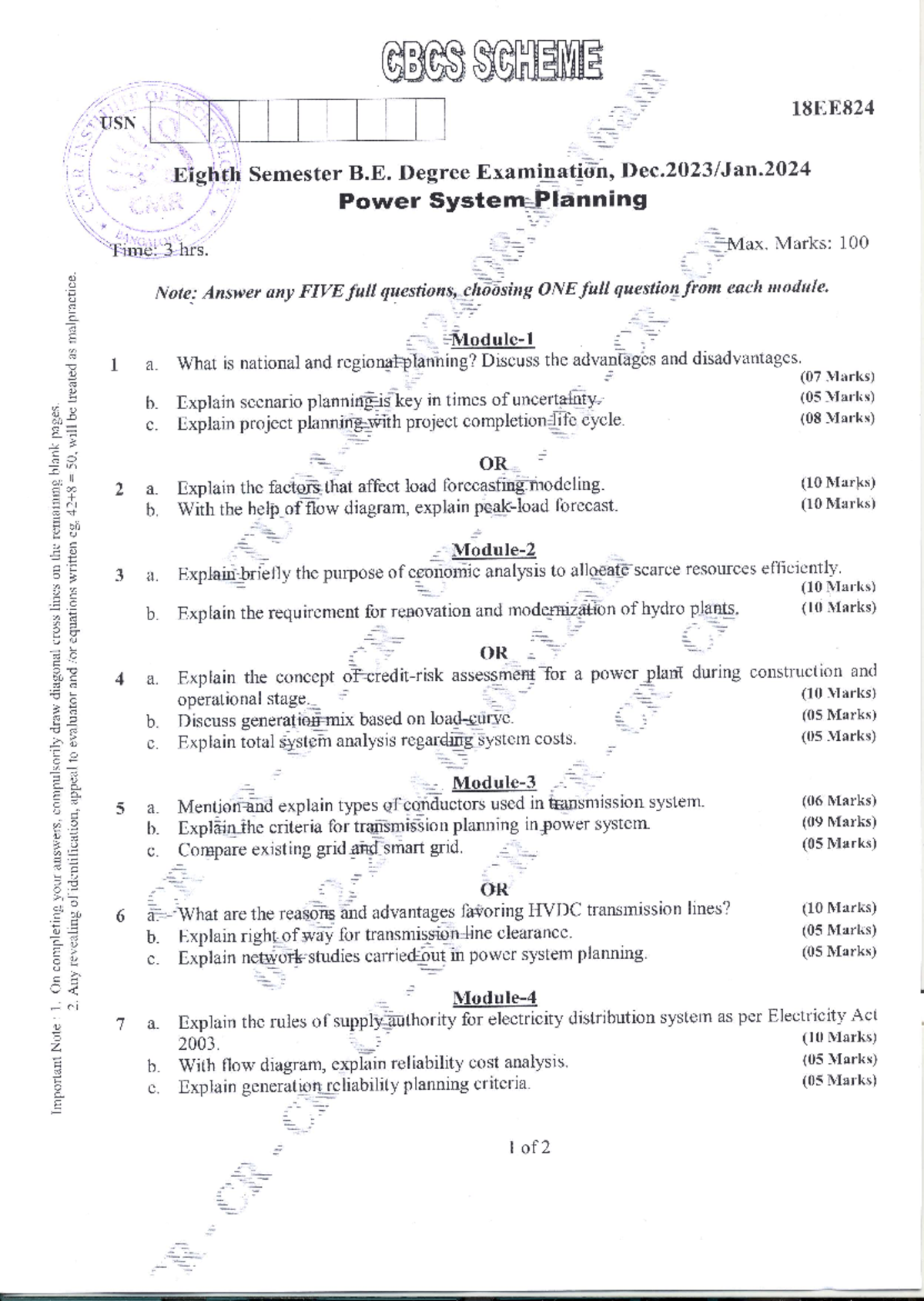 VTU Question Paper of 18EE824 Power System Planning JanFab2024 CBCS