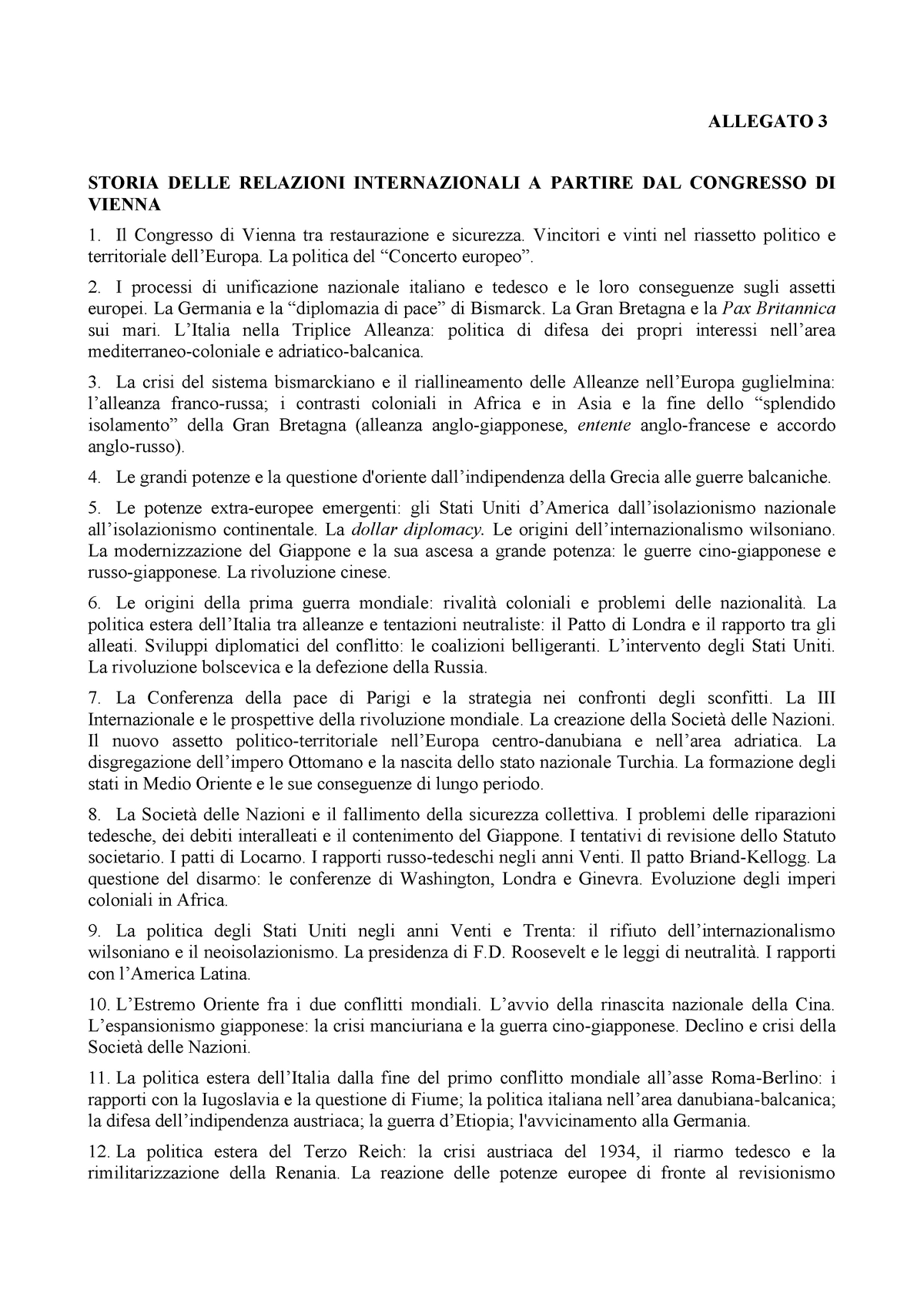 Programma concorso diplomatico ALLEGATO 3 STORIA DELLE RELAZIONI