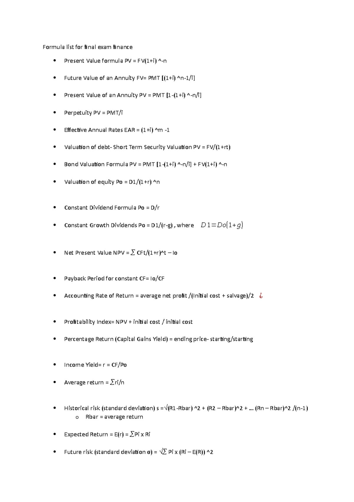 Formula list for final exam finance .. (Rn Rbar)^2 /(n1) Expected