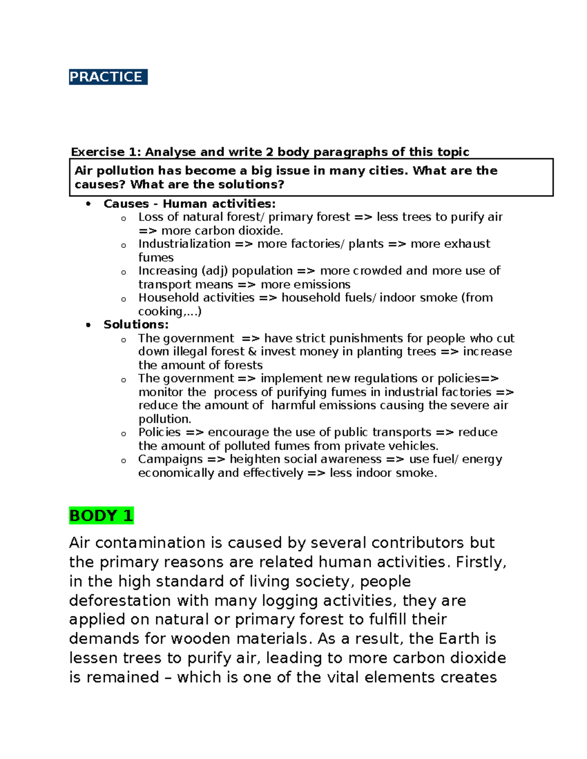AIR Pollution - PRACTICE Exercise 1: Analyse and write 2 body ...