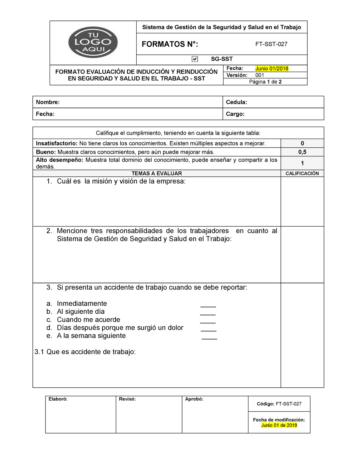 Ft Sst 027 Formato Evaluación Inducción Y Reinducción De Sst Sistema