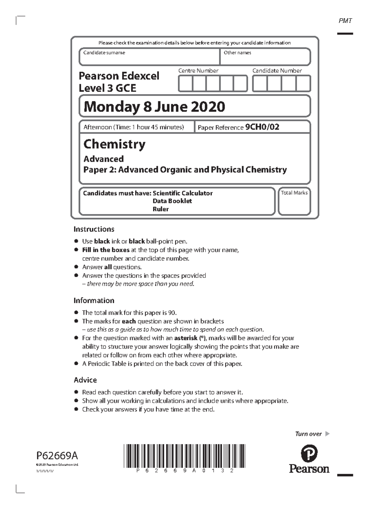 June 2020 QP - Paper 2 Edexcel Chemistry A-level - Candidate surname ...