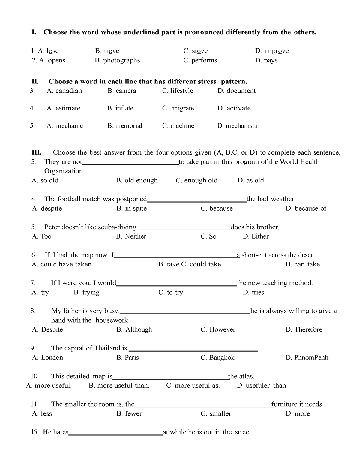 Test 1 - Practice E - I. Choose The Word Whose Underlined Part Is ...