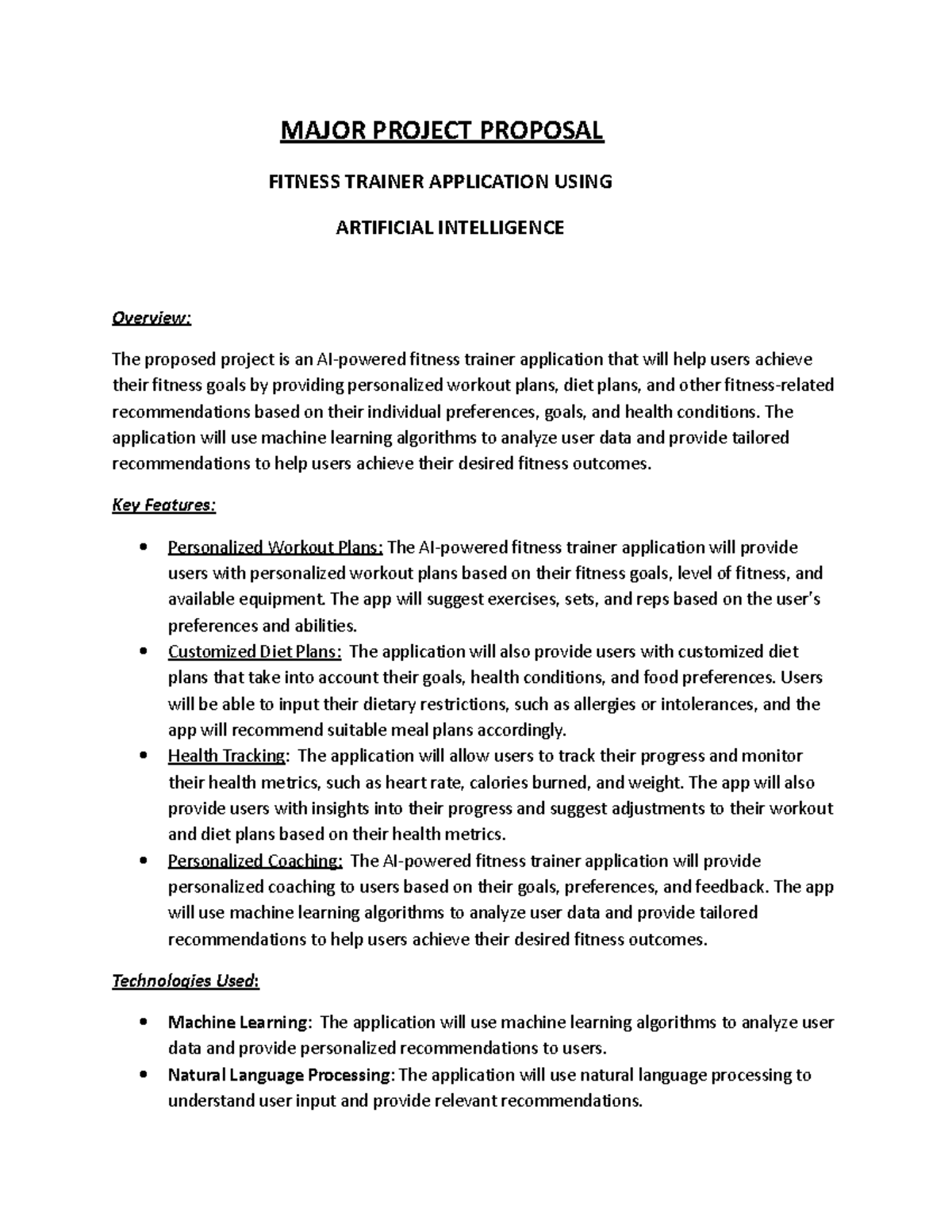 Fitness Trainer Application Using AI - MAJOR PROJECT PROPOSAL FITNESS ...