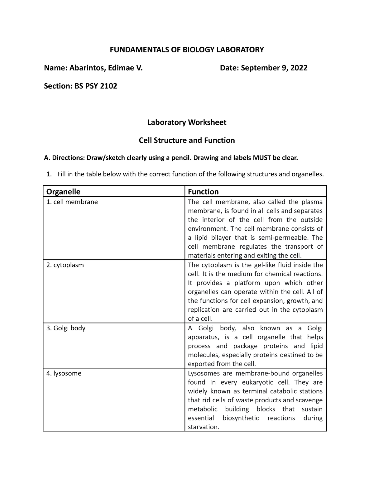 Cell Structure And Function Worksheet BIO 101L-1 - FUNDAMENTALS OF ...